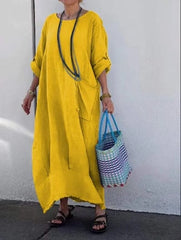 Long cotton and linen dress in patchwork style
