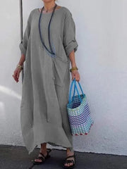 Long cotton and linen dress in patchwork style