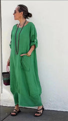 Long cotton and linen dress in patchwork style