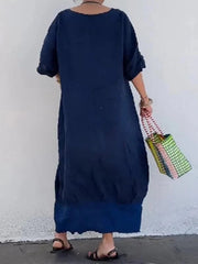 Long cotton and linen dress in patchwork style