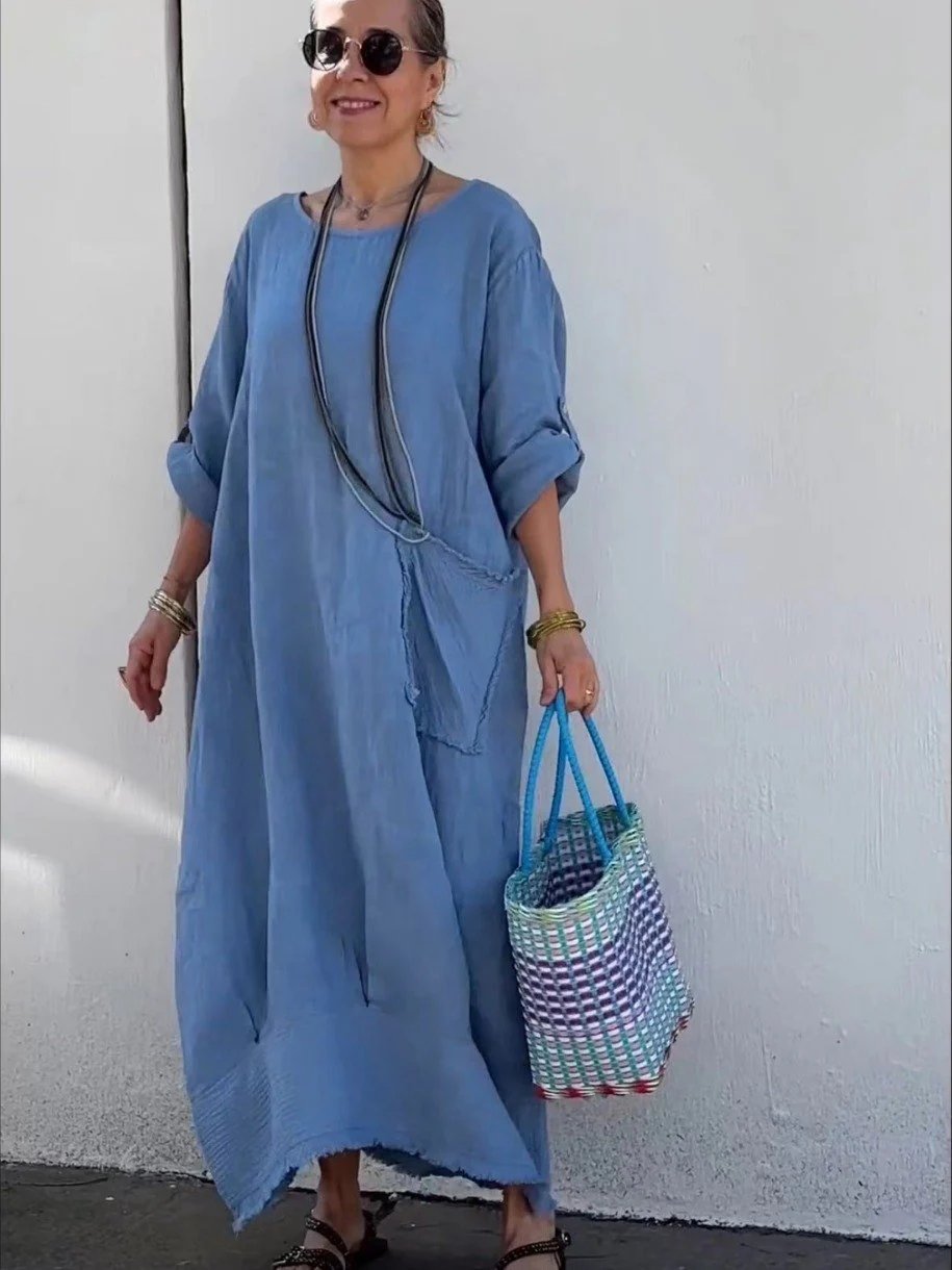 Long cotton and linen dress in patchwork style