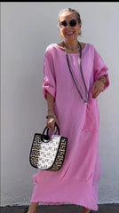 Long cotton and linen dress in patchwork style