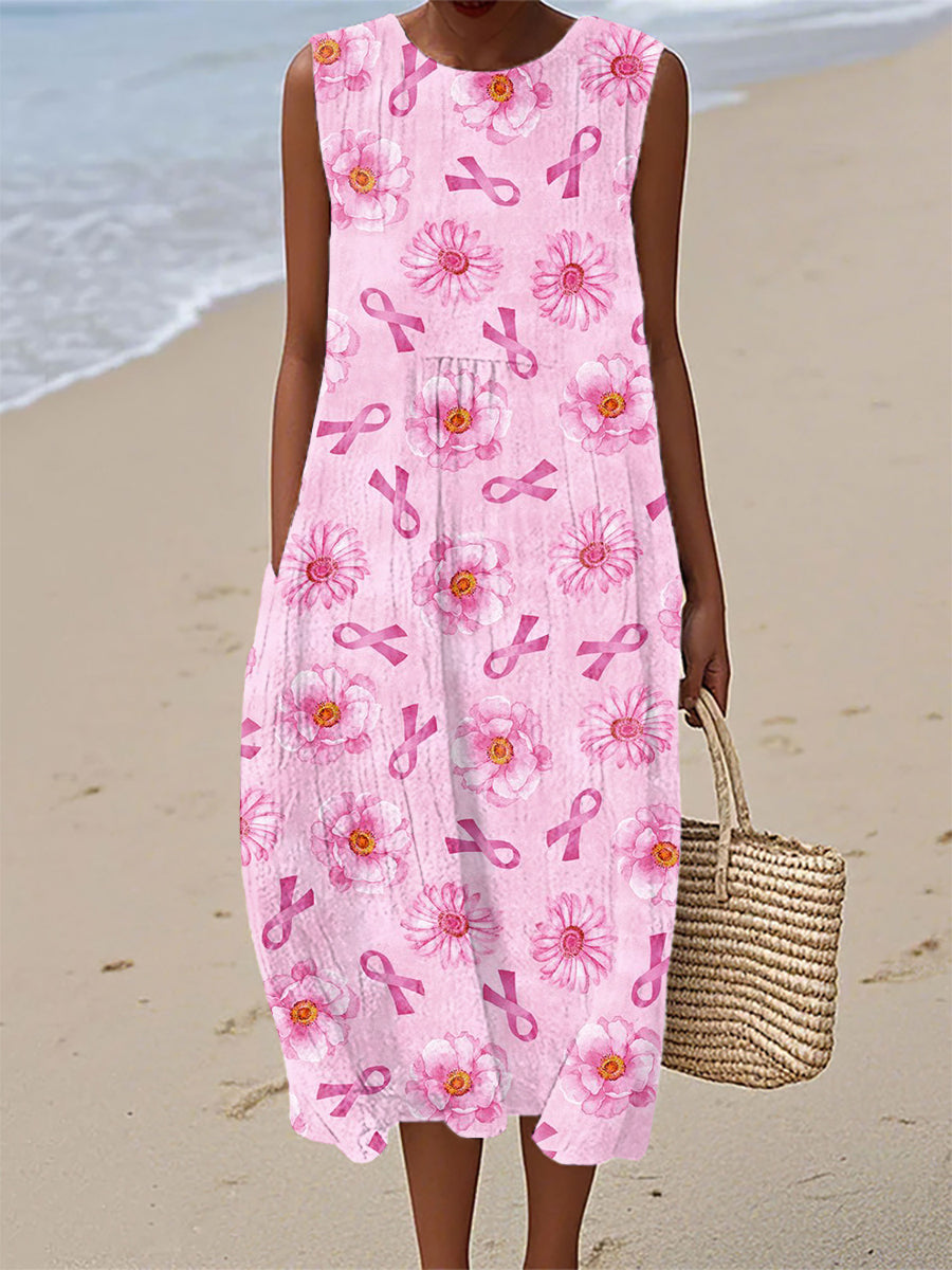 Vestido floral con lazo para concienciar sobre el cáncer de mama para mujeres