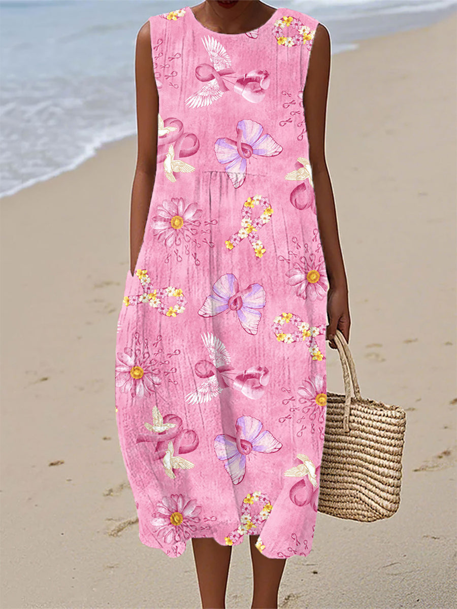Vestido floral con lazo para concienciar sobre el cáncer de mama para mujeres