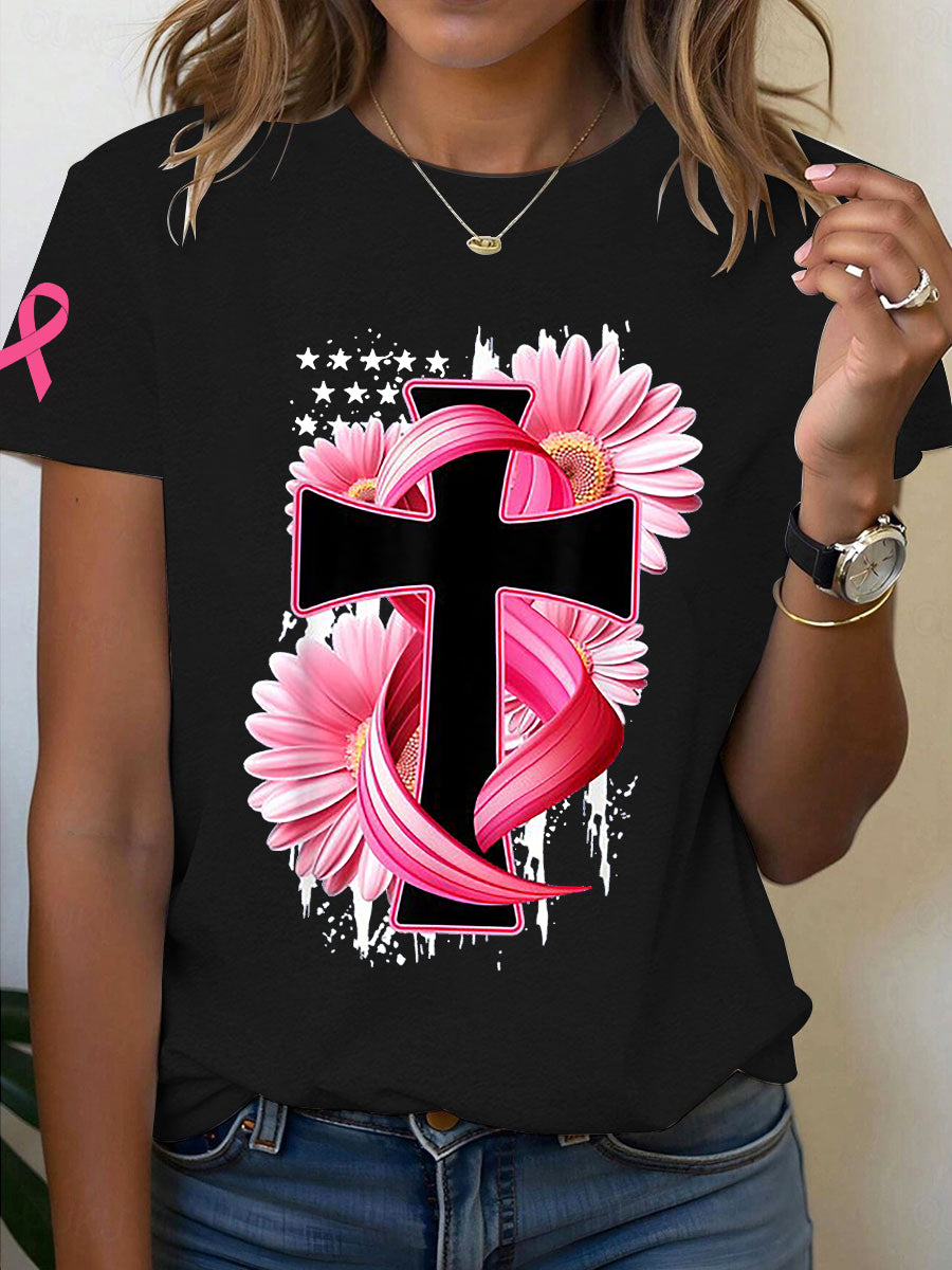 Camiseta con estampado cruzado de concienciación sobre el cáncer de mama para mujer