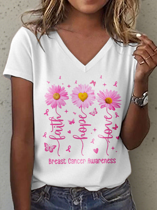 Women's Breast Cancer Awareness Faith Hope Love Print V-Neck T-Shirt