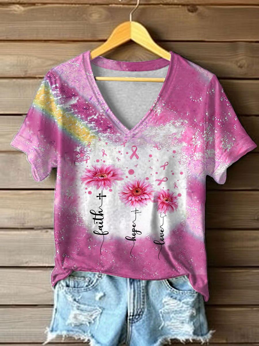 Camiseta informal con estampado de fe, esperanza y amor para mujer sobre el cáncer de mama