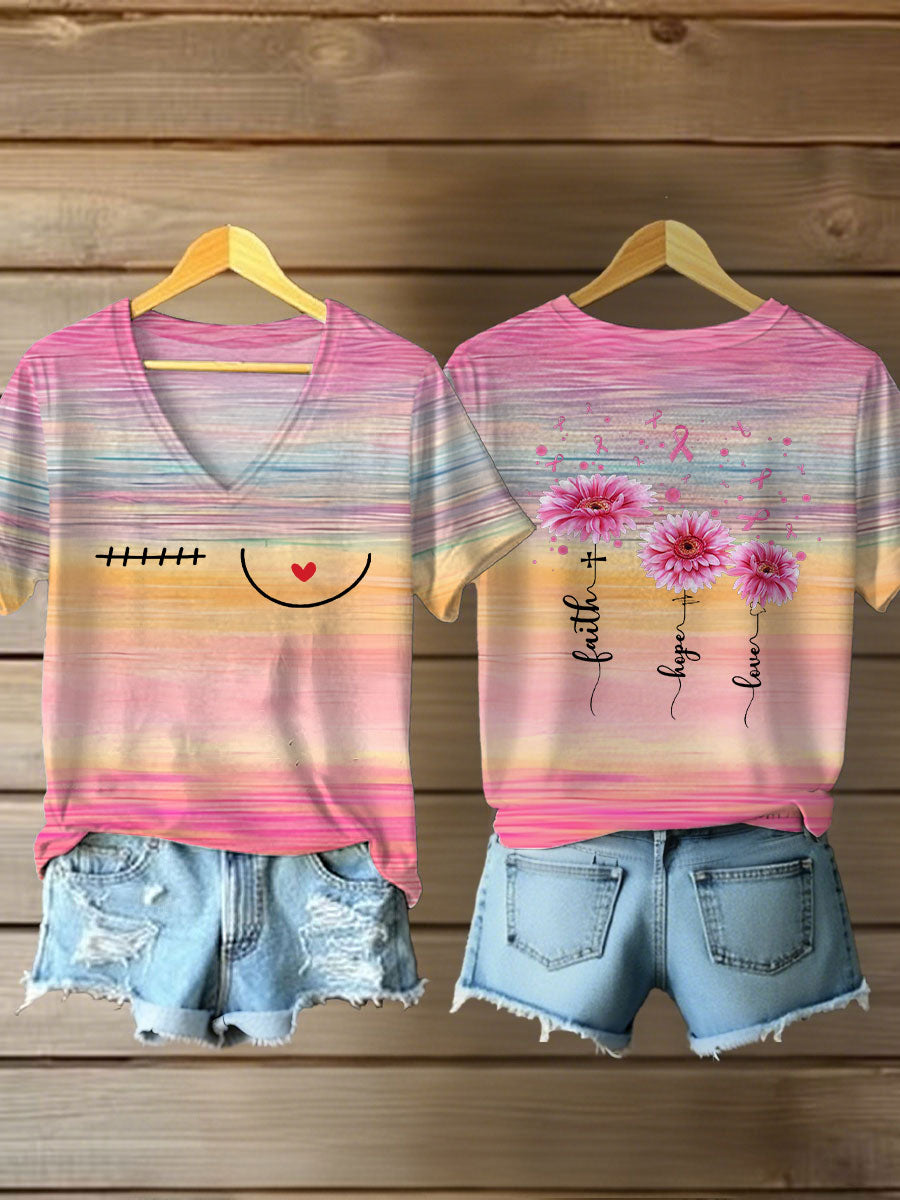 Camiseta informal con estampado de fe, esperanza y amor para mujer sobre el cáncer de mama