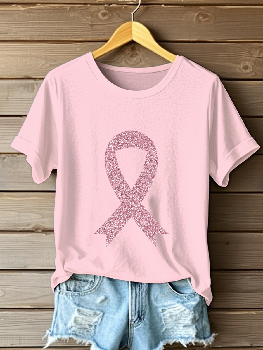 Camiseta informal con estampado de lazo rosa para mujer sobre la concienciación del cáncer de mama