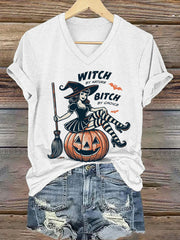 Women's Halloween Witch By Nature Birch By Choice Printed V-neck T-shirt