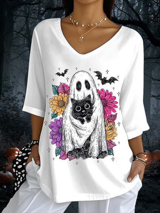Women's Retro Halloween Ghost And Cat Half-Sleeve T-Shirt