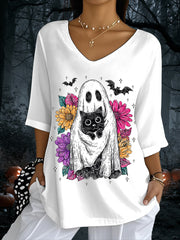 Women's Retro Halloween Ghost And Cat Half-Sleeve T-Shirt