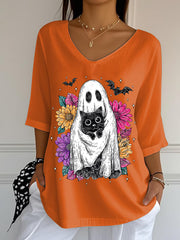 Women's Retro Halloween Ghost And Cat Half-Sleeve T-Shirt