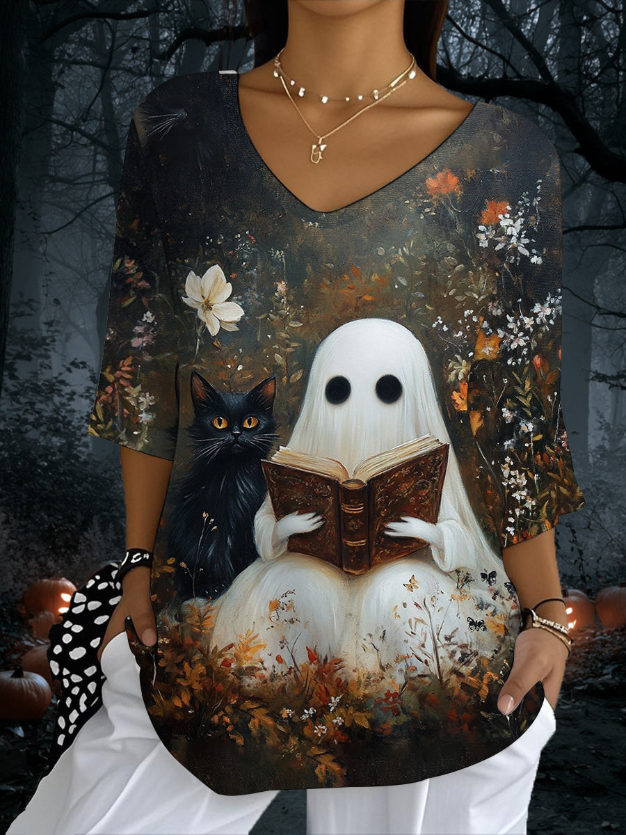 Women's  Vintage Halloween Cute Ghost And Cat Printed V-Neck  Half-Sleeve T-Shirt