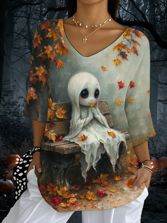Women's Vintage Halloween Cute Ghost Printed V-Neck Half-Sleeve T-Shirt