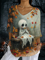Women's Vintage Halloween Cute Ghost Printed V-Neck Half-Sleeve T-Shirt