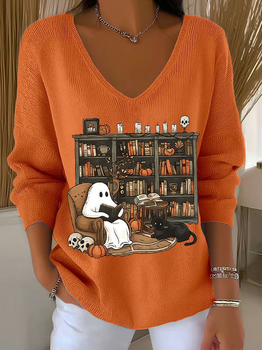 Women's Vintage Halloween Ghost Reading Books V-Neck Ribbed Top