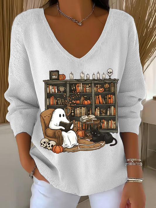 Women's Vintage Halloween Ghost Reading Books V-Neck Ribbed Top