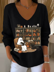 Women's Vintage Halloween Ghost Reading Books V-Neck Ribbed Top