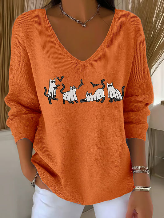 Women's Vintage Halloween Ghost Cat  V-Neck Ribbed Top