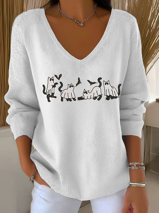 Women's Vintage Halloween Ghost Cat  V-Neck Ribbed Top